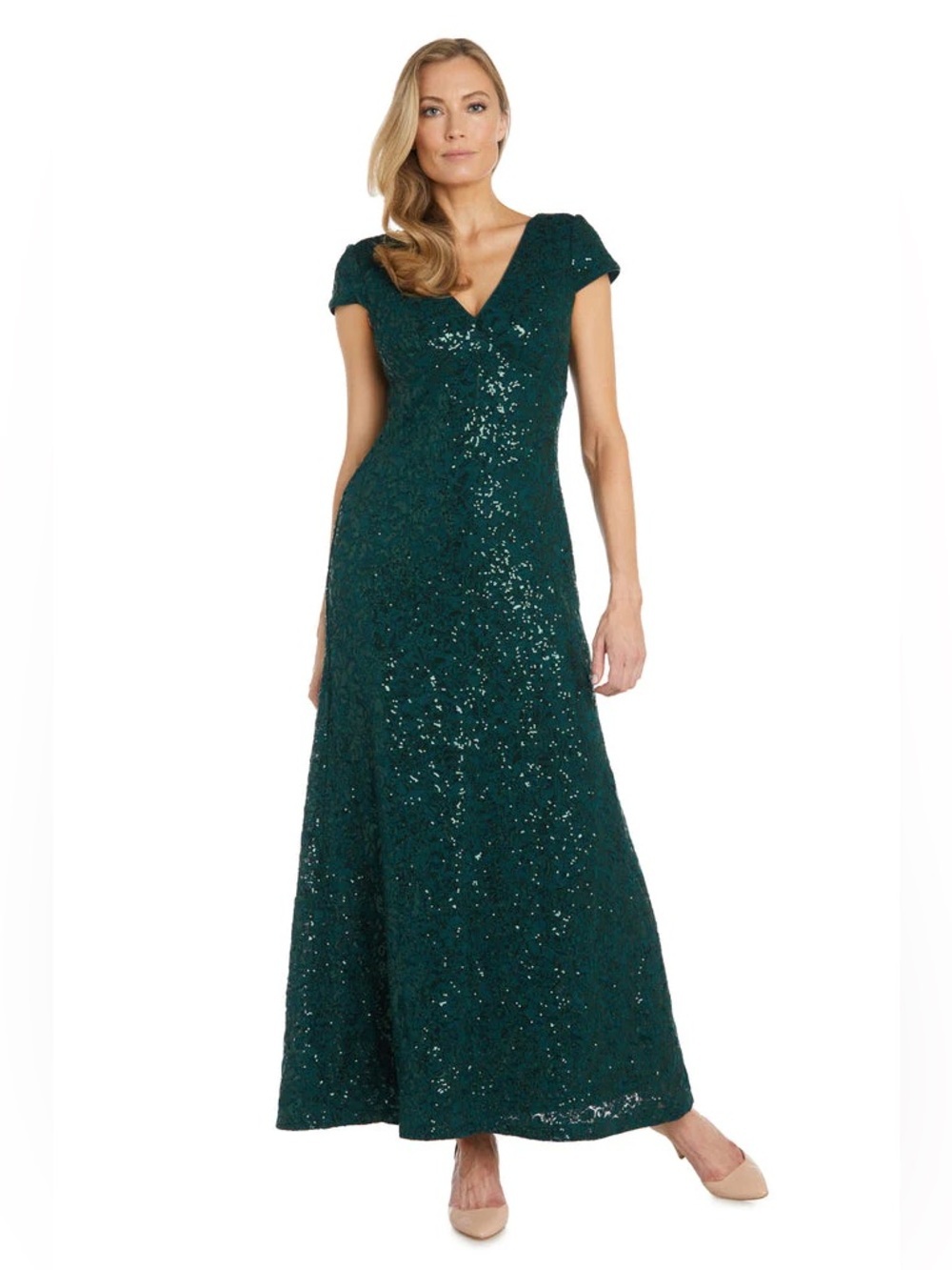 R&M Richards Dark Teal Sequin Cap-Sleeve Maxi Gown